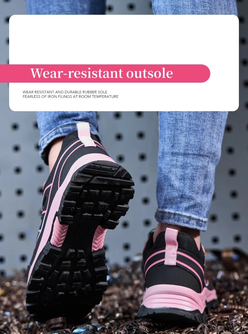 Zapatos de seguridad para el trabajo para mujer, zapatillas de trabajo con punta de acero, botón giratorio, transpirables, antideslizantes, protección a prueba de pinchazos, botas de seguridad rosas