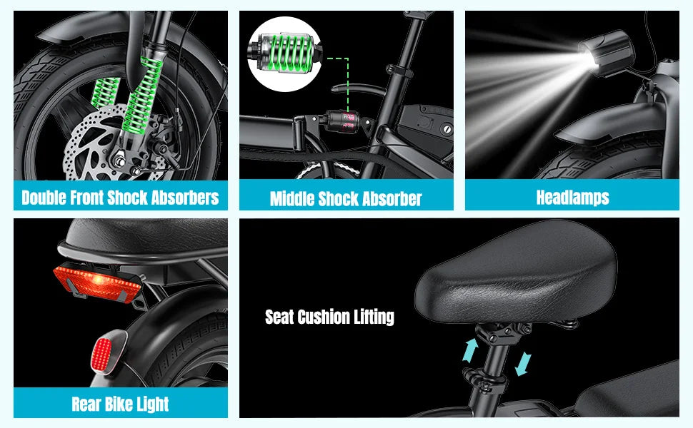 Bicicletas eléctricas para adultos de 560W, 24MPH, batería extraíble de 48V10.4AH, bicicleta eléctrica plegable de 14 pulgadas, bicicleta eléctrica con absorción de impactos múltiple
