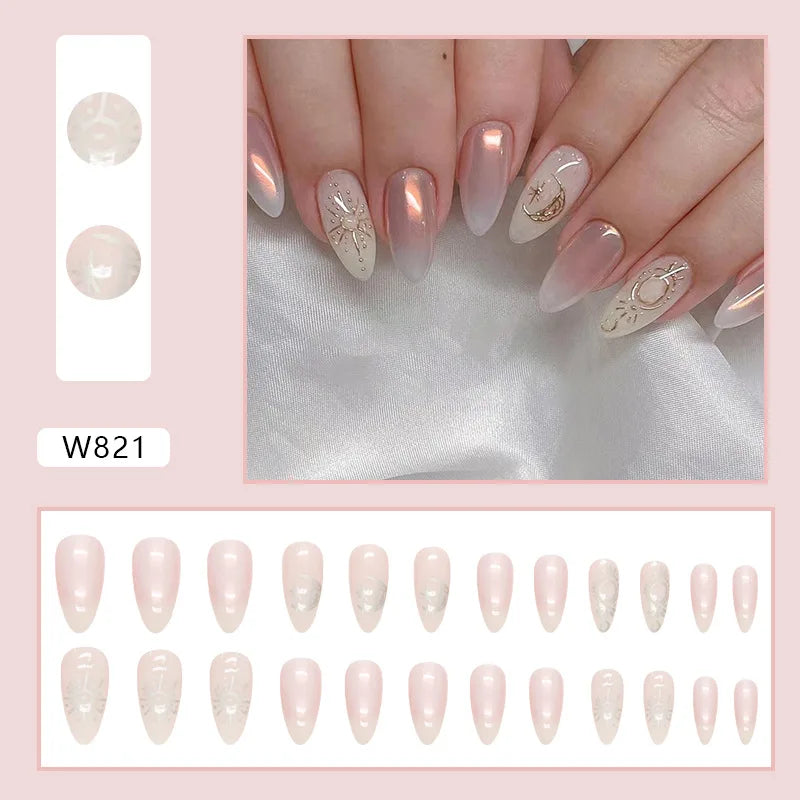 Dulce francés 24 Uds. De uñas postizas degradadas rosas, manicura de dedos artificiales brillantes, uñas postizas reutilizables para mujeres