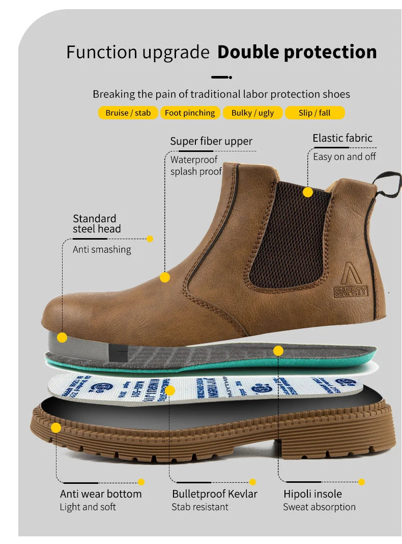 Botas de trabajo Lerther para hombre, zapatos de seguridad indestructibles, zapatillas de trabajo a prueba de pinchazos con punta de acero, zapatos de trabajo para hombre