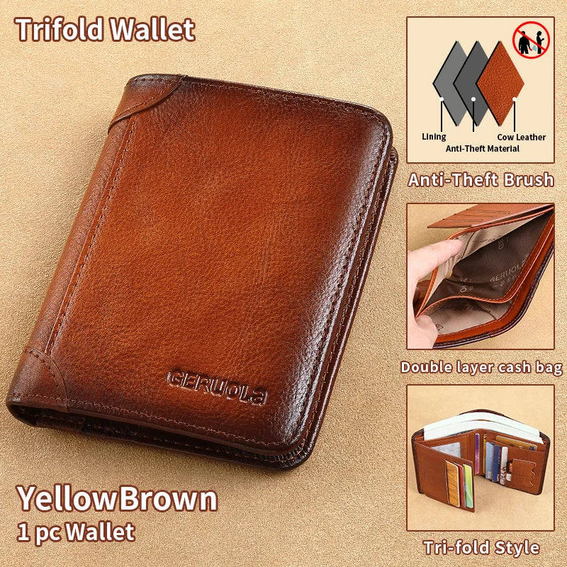 GERUOLA Cartera delgada de cuero genuino con protección RFID para hombre, tarjetero multifuncional para identificación y tarjeta de crédito, color marrón oscuro con adornos