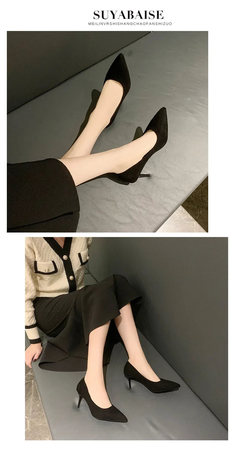 Primavera y otoño nuevos tacones altos negros Mujer boca poco profunda puntiaguda delgada con temperamento Sexy Zapatos individuales Zapatos De Mujer