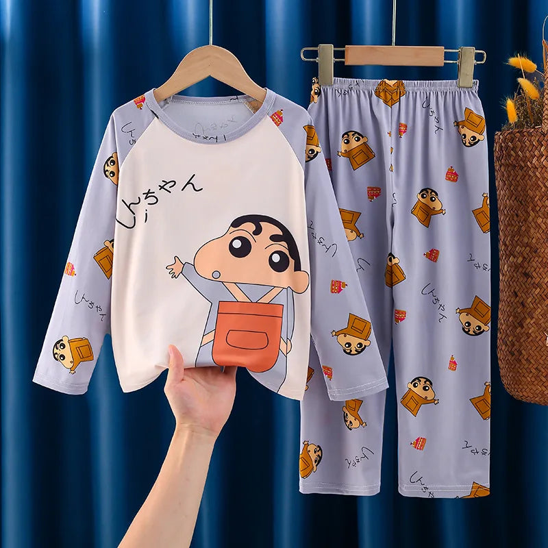Anime 2 uds crayón de dibujos animados Shin-Chan pijamas para niños pantalones de manga larga conjunto Kawaii niñas lindo Casual ropa de dormir suelta