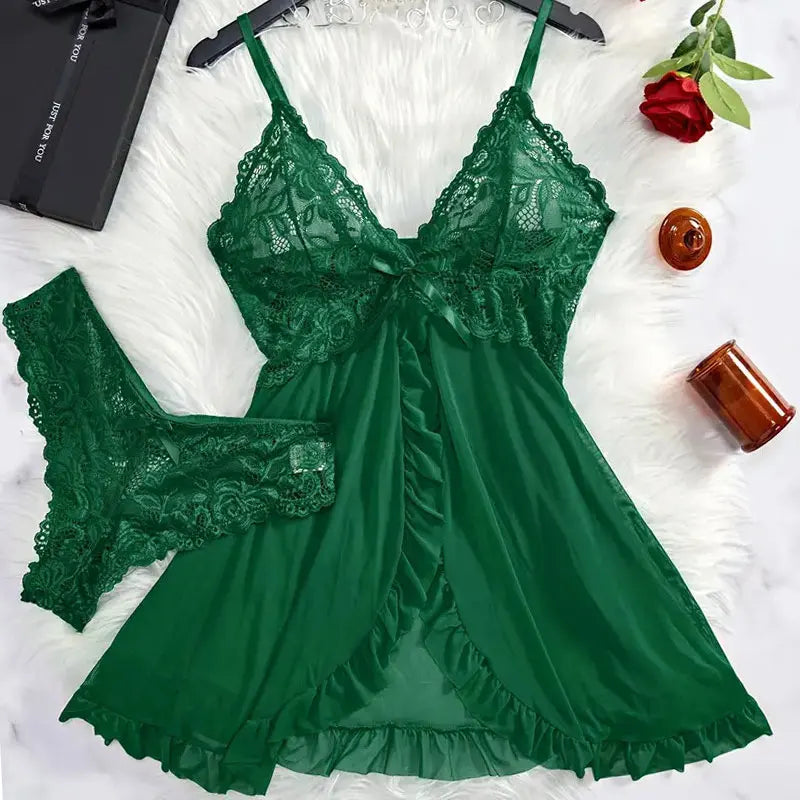 Conjunto de 2 uds de camisón de encaje para mujer, ropa de casa exquisita, nuevo pijama verde para la noche, camisón transparente dividido, conjuntos de bragas con sujetador con cuello en V