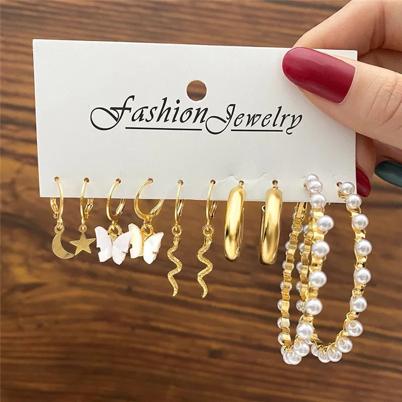 Conjunto de pendientes de aro bohemios de círculo grande para mujer, pendiente de perla Vintage bohemio de Color dorado, pendientes de circonita con forma de corazón, regalos de joyería