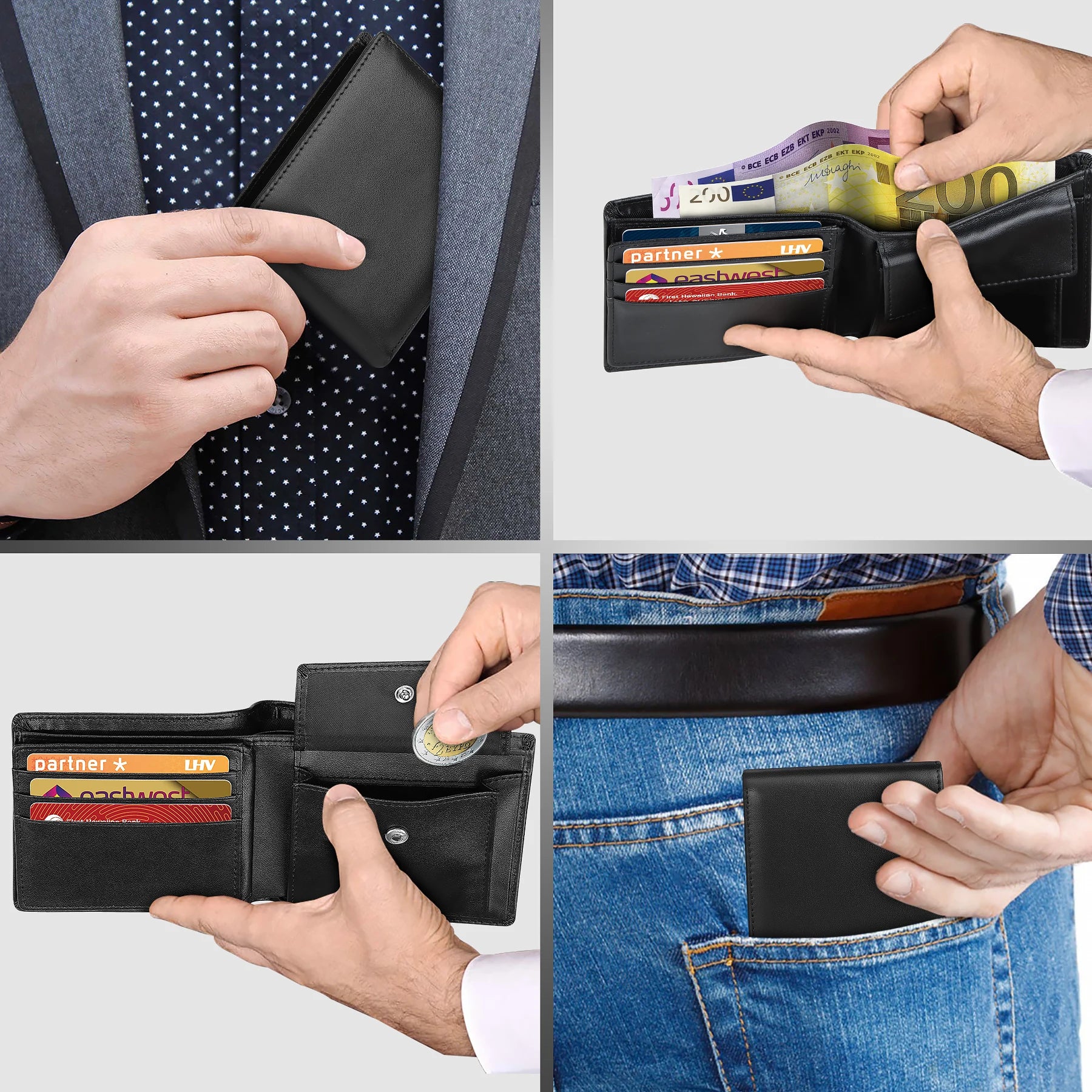Cartera de cuero genuino para hombre, monedero suave negro clásico, tarjetero con bolsillo para monedas