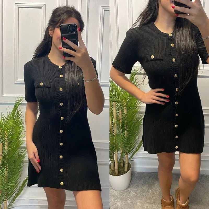 Minivestido blanco elegante de punto para mujer, suéter Sexy ajustado con botones de Metal, trajes de fiesta de vacaciones, otoño 2024