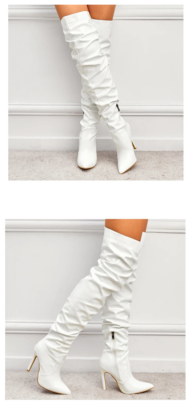 Eilyken-Botas por encima de la rodilla plisadas de charol para mujer, zapatos hasta el muslo con cremallera y punta estrecha, a la moda, alta calidad
