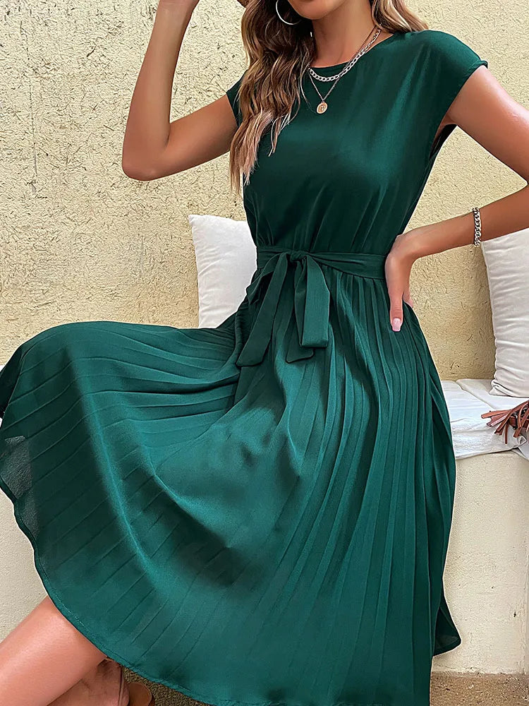Vestido Midi plisado de manga corta para mujer, Túnica de cuello redondo, elegante, informal, Verano