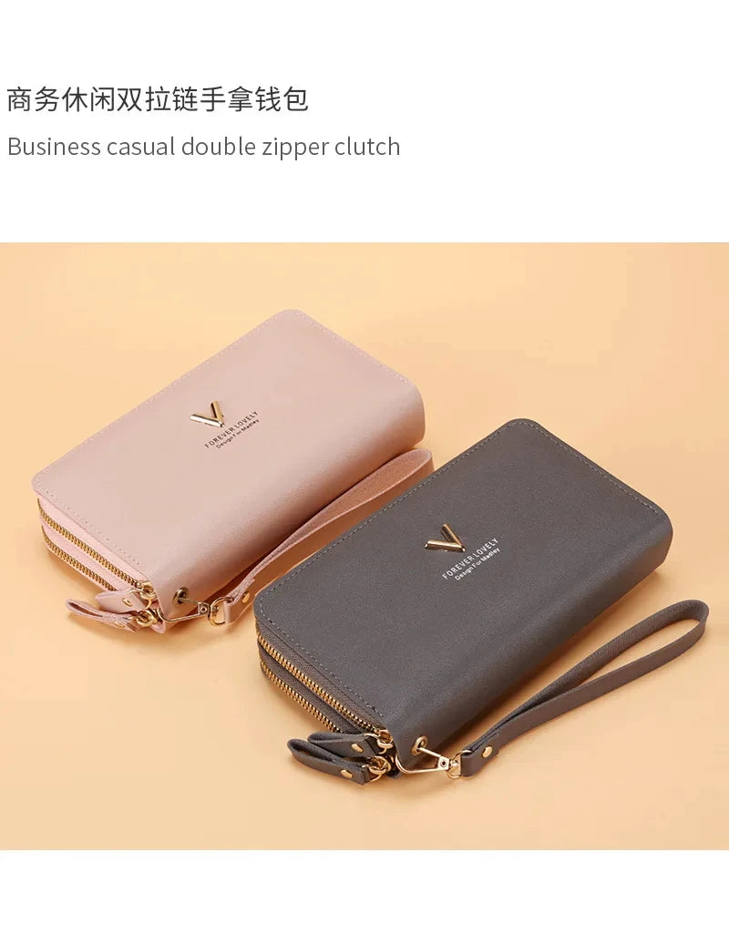 Cartera larga para mujer, monederos con borlas, tarjetero, billeteras con doble cremallera, bolso de mano de cuero Pu, bolso de lujo para dinero y teléfono