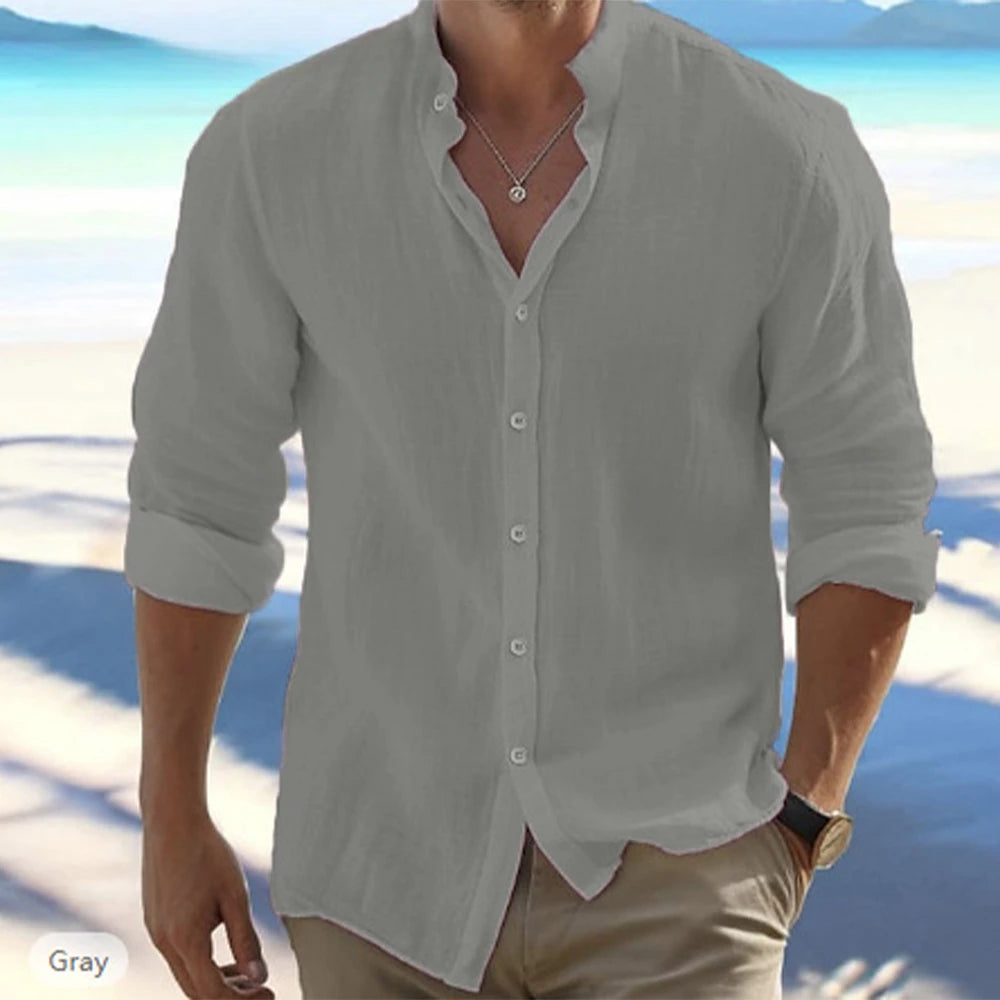 Camisas de manga larga para hombre, gran oferta de lino y algodón, Color sólido, cuello levantado, estilo informal de playa de talla grande, verano