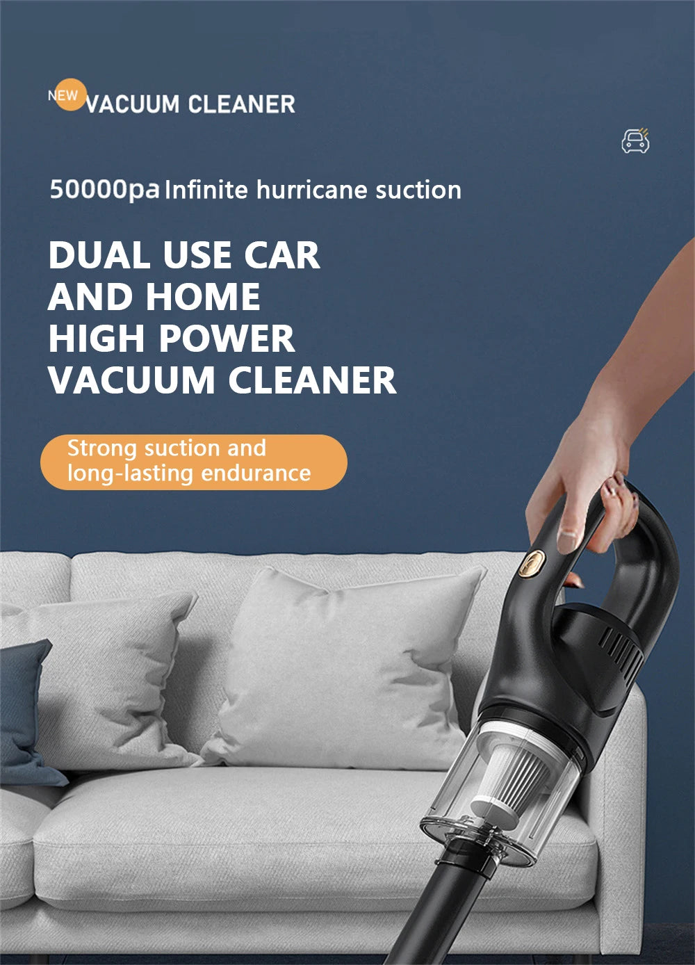 Aspiradora de mano inalámbrica, aspirador automático recargable para el hogar, coche y mascotas, miniaspiradora de 50000Pa