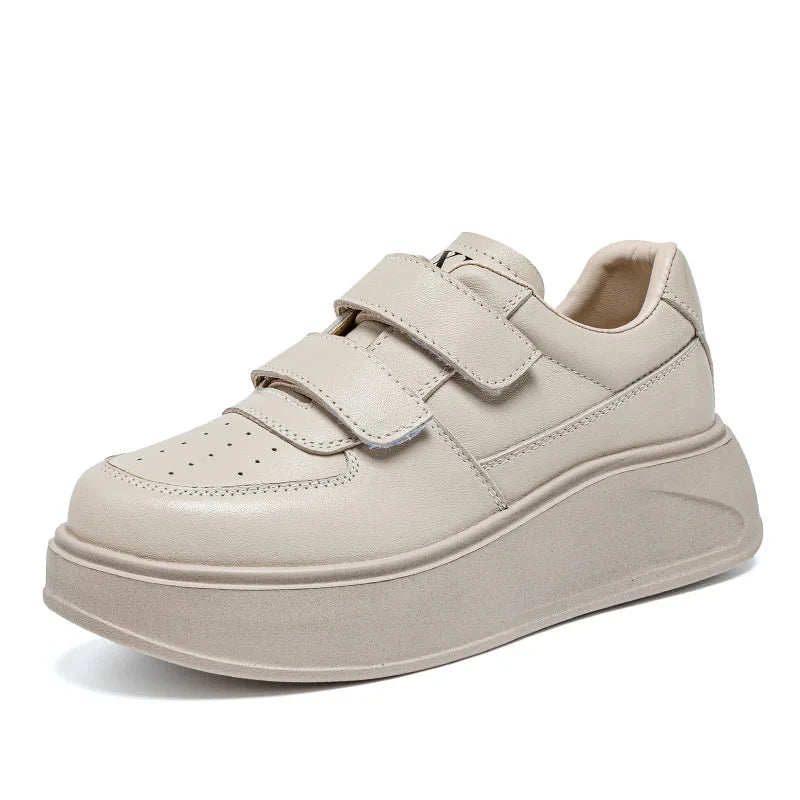 DRKANOL, zapatos de plataforma con suela gruesa y aumento de altura, zapatillas informales de cuero genuino para mujer, zapatos de tabla con gancho y bucle para mujer, color blanco