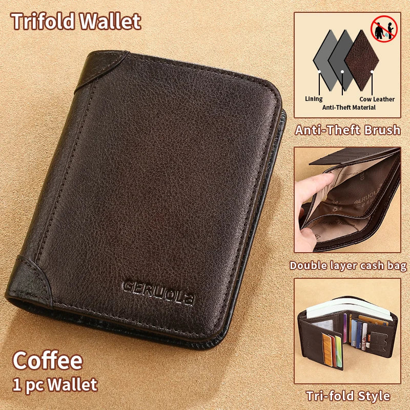 GERUOLA Cartera delgada de cuero genuino con protección RFID para hombre, tarjetero multifuncional para identificación y tarjeta de crédito, color marrón oscuro con adornos