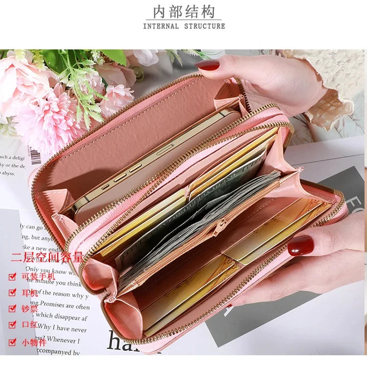 Cartera larga para mujer, monederos con borlas, tarjetero, billeteras con doble cremallera, bolso de mano de cuero Pu, bolso de lujo para dinero y teléfono