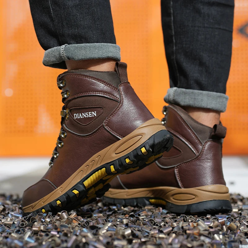 Botas de seguridad de trabajo indestructibles de cuero impermeables para hombre, botas militares para exteriores, zapatos industriales antigolpes y antipinchazos para hombre