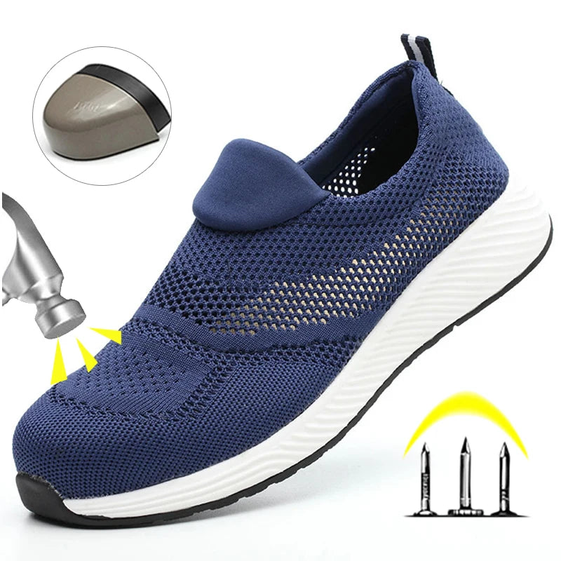 Zapatillas de trabajo ligeras de malla de verano, zapatos de seguridad protectores con punta de acero para el trabajo, zapatos de construcción transpirables para hombres y mujeres, botas de trabajo para hombres