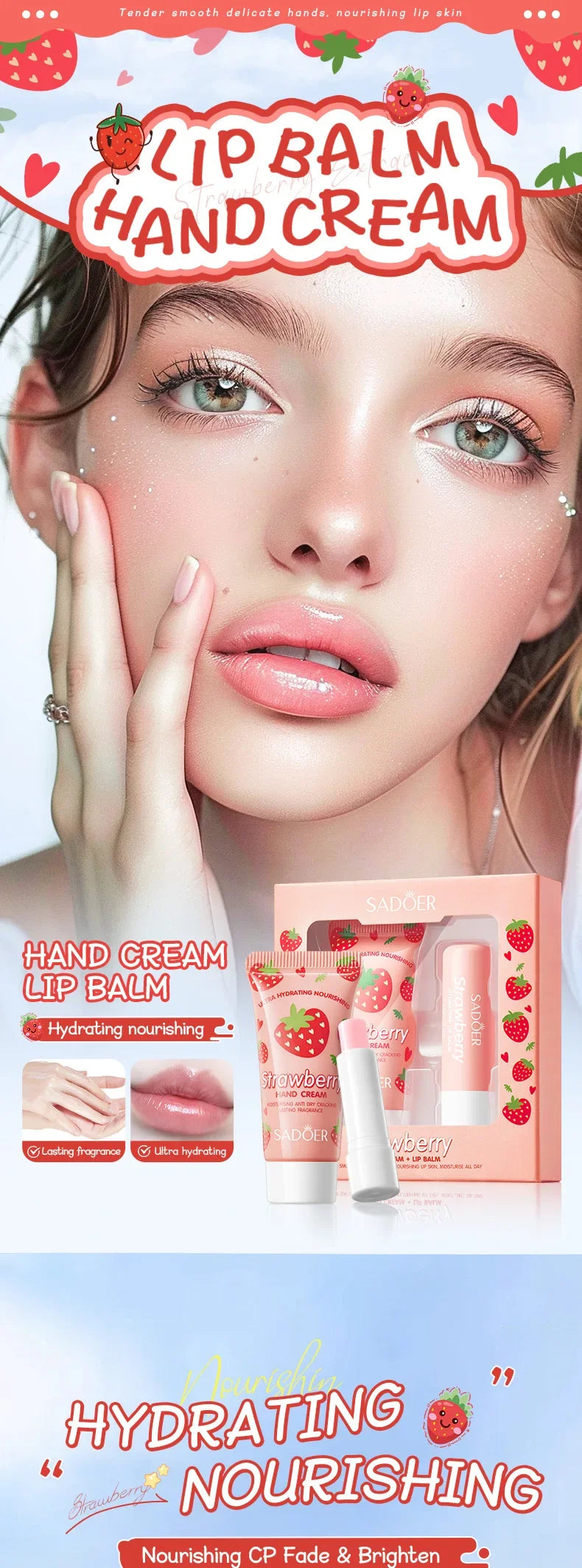 Crema nutritiva de fresa para manos, bálsamo labial, juegos de cuidado de la piel, hidratante, labios regordetes, lápiz labial de frutas, labios regordetes, cuidado de la piel de las manos