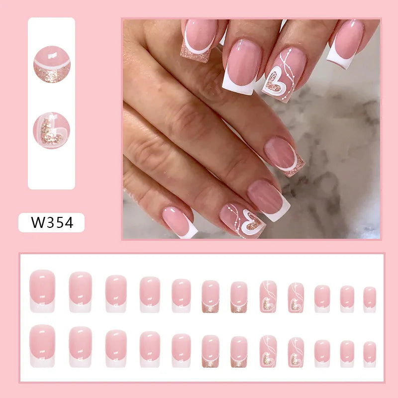 Dulce francés 24 Uds. De uñas postizas degradadas rosas, manicura de dedos artificiales brillantes, uñas postizas reutilizables para mujeres