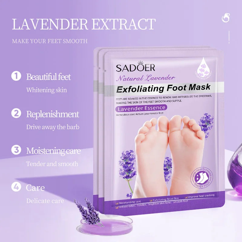 3 pares SADOER mascarilla de lavanda para pies mascarilla exfoliante de pies hidratante antienvejecimiento pies pedicura exfoliante pies cuidado de la piel