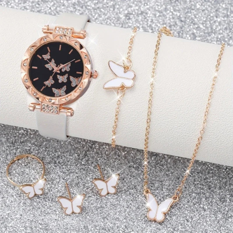 Conjunto de joyería de mariposa (sin caja), relojes para mujer, relojes de cuero para mujer, anillos, collar, pendientes, pulsera, regalo de boda