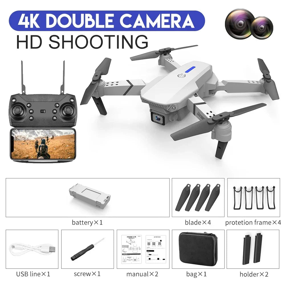 Dron plegable inteligente E88 Pro, compatible con conmutación de cámara simple/doble, calidad de imagen de 4K + disparo gran angular, WiFiDirect Real-Tim