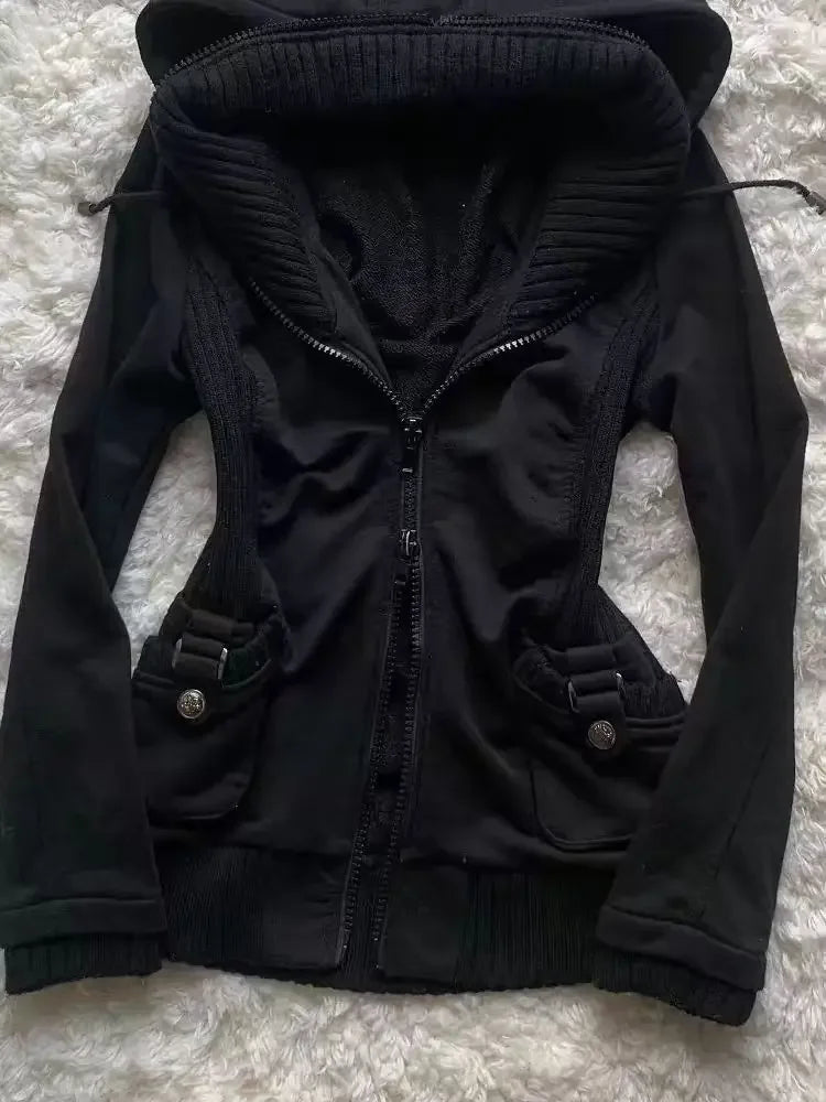 Sudadera con capucha informal para mujer, sudaderas góticas Retro, estilo Punk Hip Hop, cárdigan multifuncional de calle alta, nueva tendencia, color negro