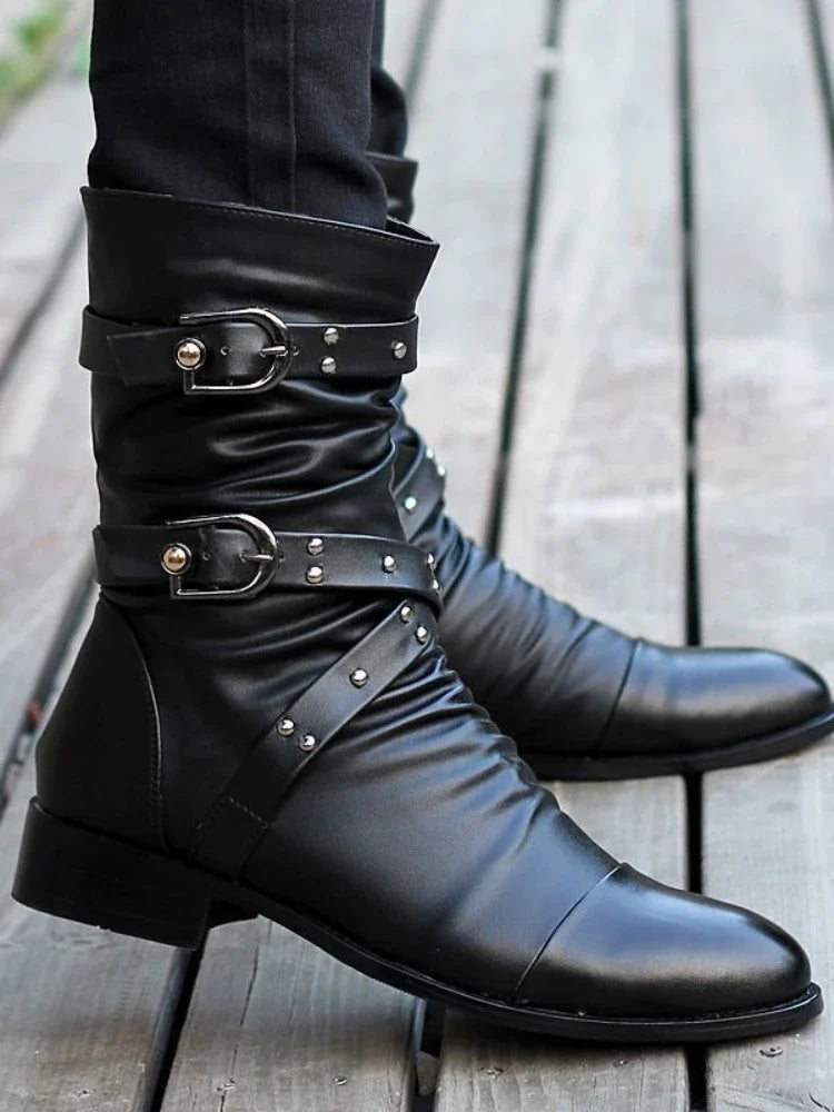 Botas de tubo medio de cuero de alta calidad para hombre, zapatos clásicos de moda para Otoño e Invierno, zapatos Punk Rock negros, informales para hombre y mujer de talla grande 38-48