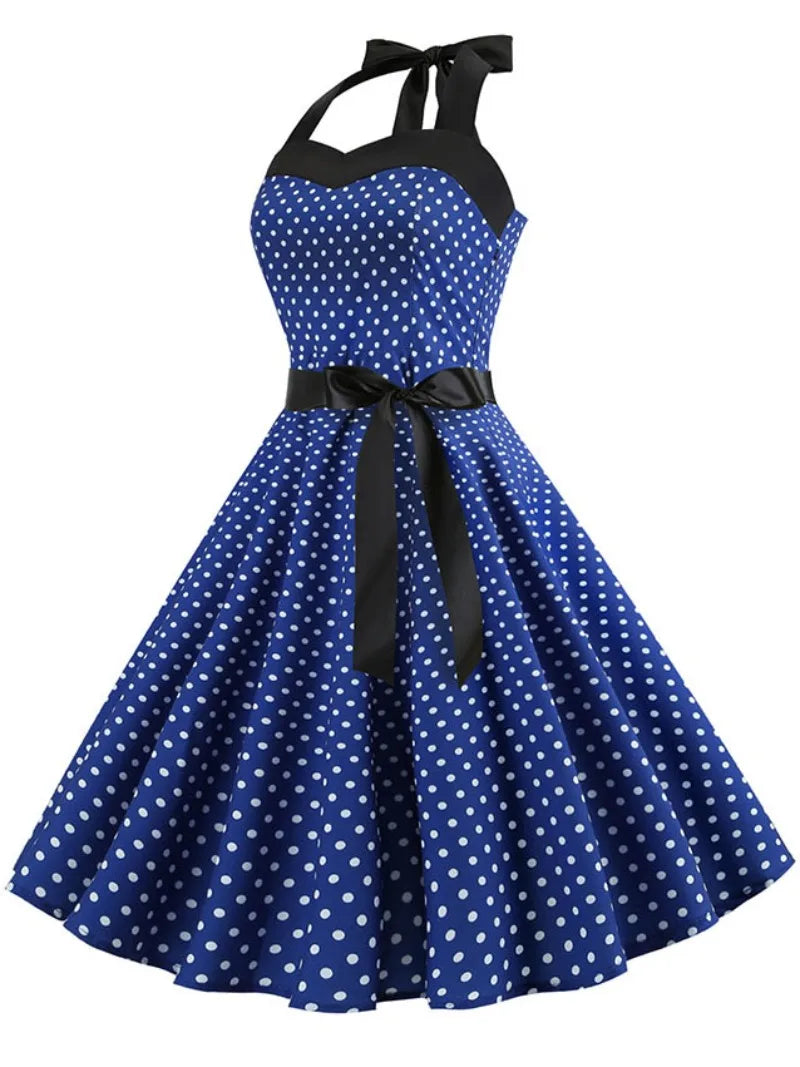 Elegante Vestido de Mujer con Estampado de Puntos, Estilo Hepburn de los Años 50 y 60, Vestido Vintage Sexy con Cuello Halter, Estilo Rockabilly Retro para Fiesta u Oficina, Vestido Pinup 2026