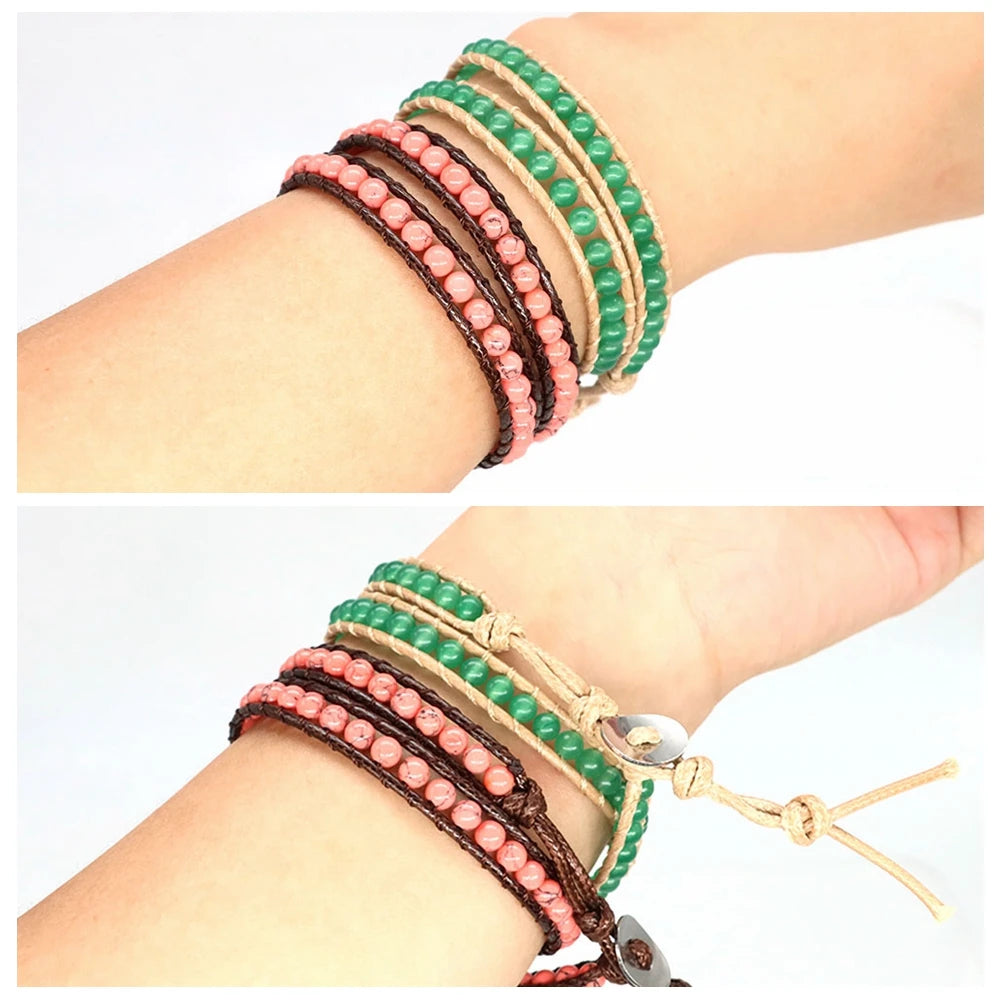 Pulsera de cuentas bohemias de piedra Natural, lapislázuli, 2 hebras, brazalete tejido de cuerda de cuero multicapa para mujeres y hombres, regalo de joyería