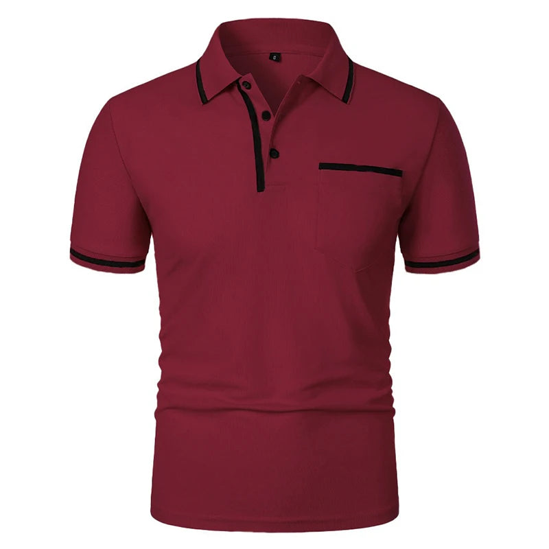 Nuevas camisas Polo de manga corta para hombre, camiseta informal de Color sólido, camisas de verano a la moda transpirables holgadas básicas con empalme y bolsillos superiores para hombre