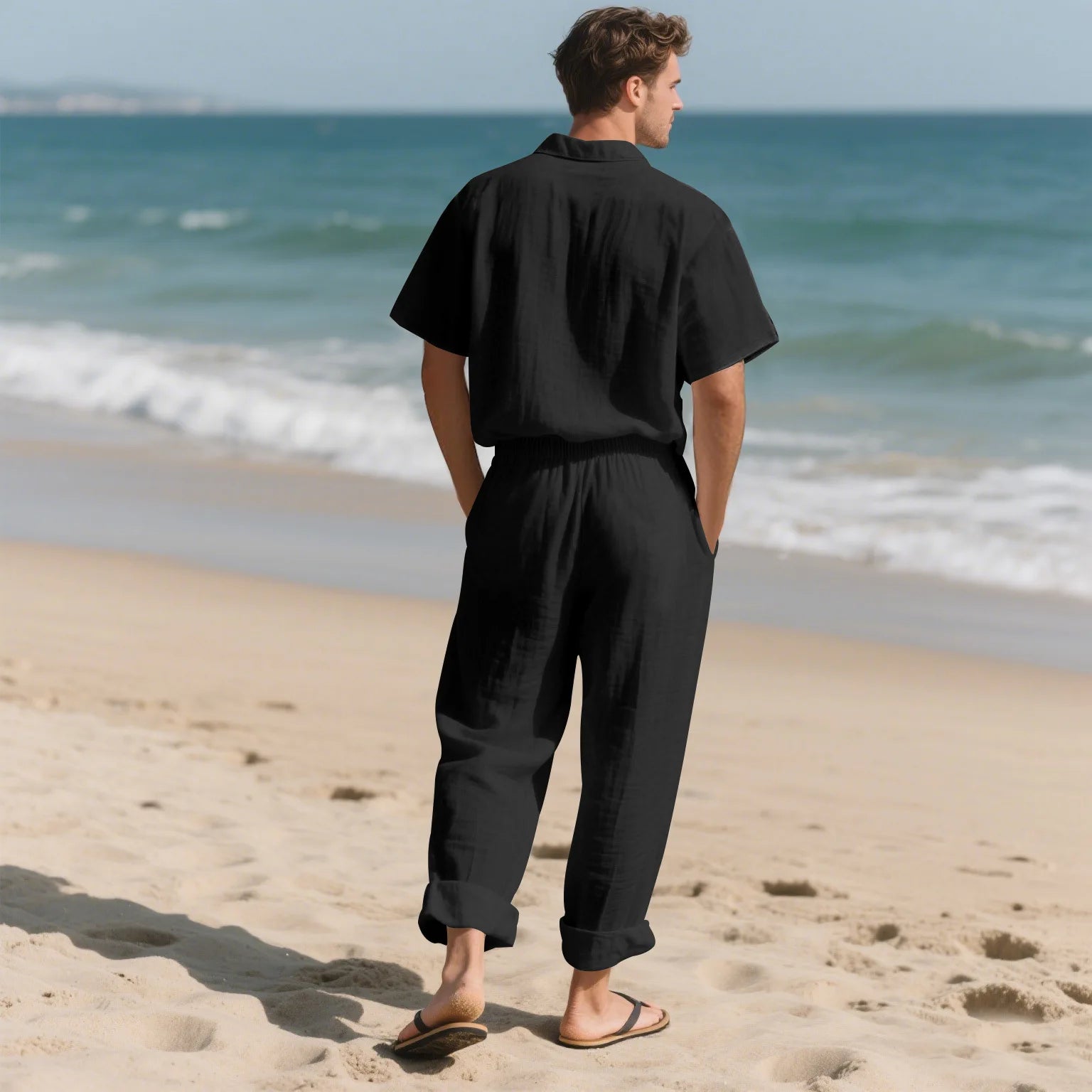 Conjuntos informales de dos piezas de lino y algodón para hombre, camisas y pantalones básicos Vintage de playa, traje informal de Color sólido, conjunto de chándales hawaianos para hombre