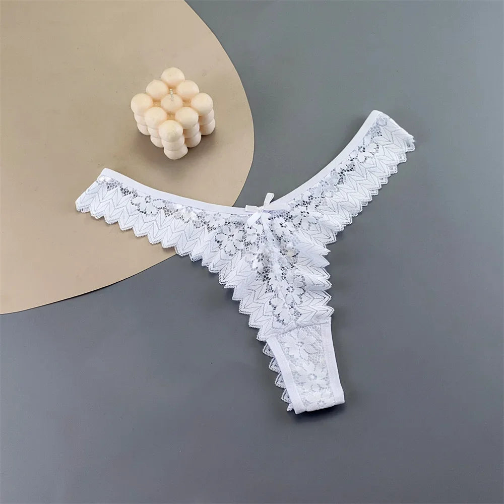 Paquete de 3 tangas de encaje para mujer, ropa interior transparente de cintura media, bragas femeninas con volantes, tallas grandes