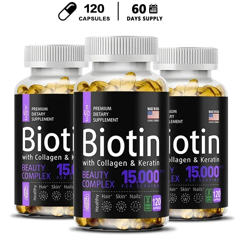 Suplemento de biotina - 15.000 Mcg con colágeno y queratina, vitaminas, cabello brillante, piel y uñas, salud de las articulaciones, 30/60/120 cápsulas