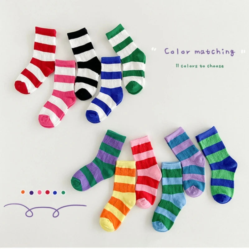 Horetong, 3 par/lote, calcetines de verano para niños de 1 a 12 años, calcetines de algodón a la moda para bebés, calcetines transpirables a rayas con contraste de colores