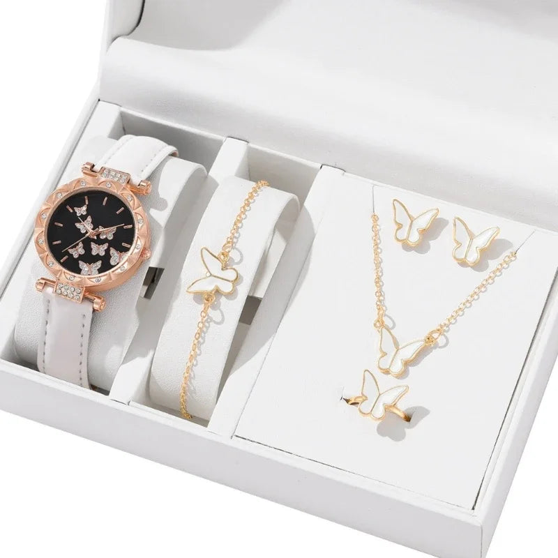 Conjunto de joyería de mariposa (sin caja), relojes para mujer, relojes de cuero para mujer, anillos, collar, pendientes, pulsera, regalo de boda