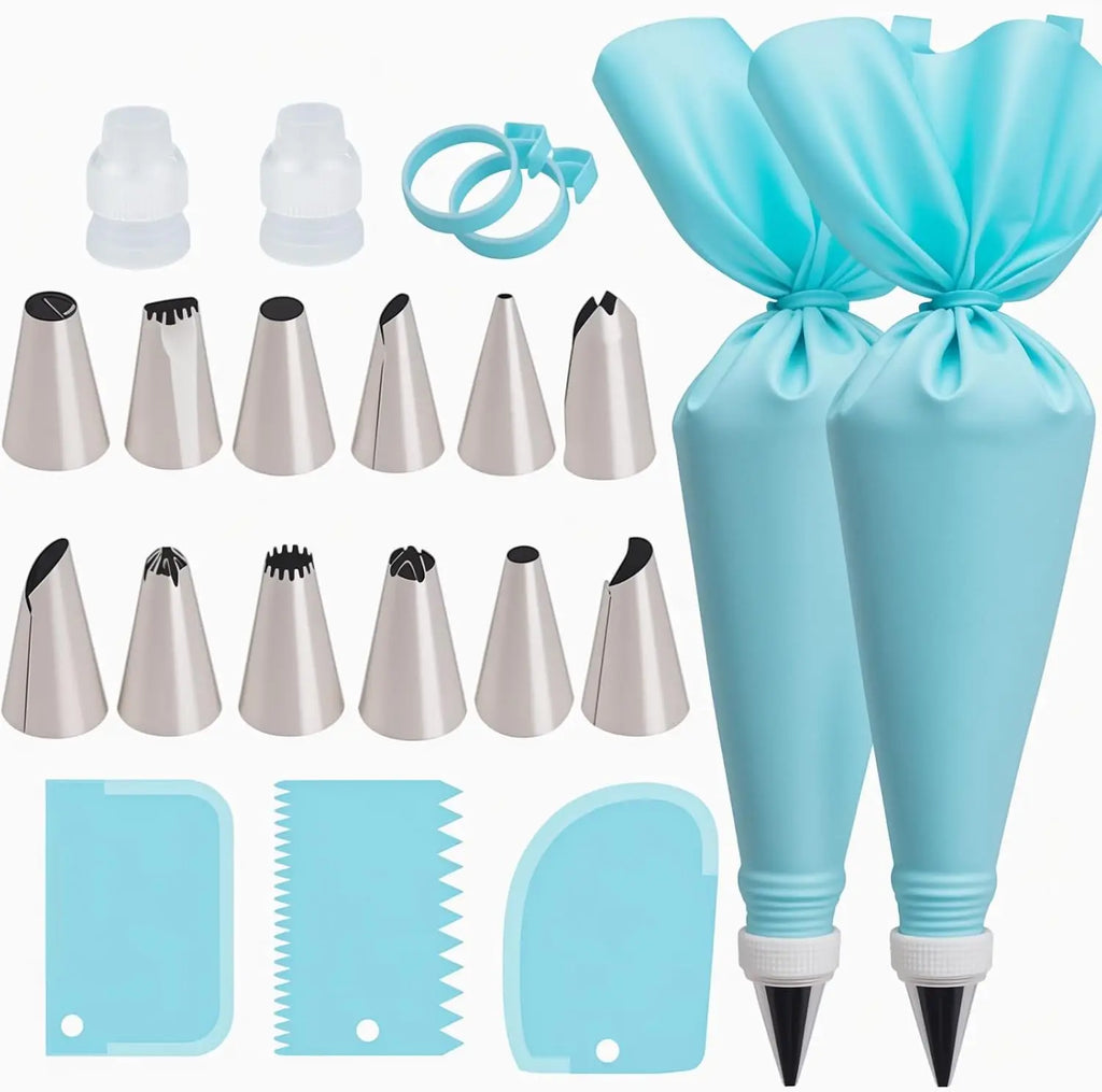 Juego de tuberías reutilizables: 2 bolsas, 12 puntas, acopladores, anillos y raspadores para decoración de pasteles, cupcakes y galletas.