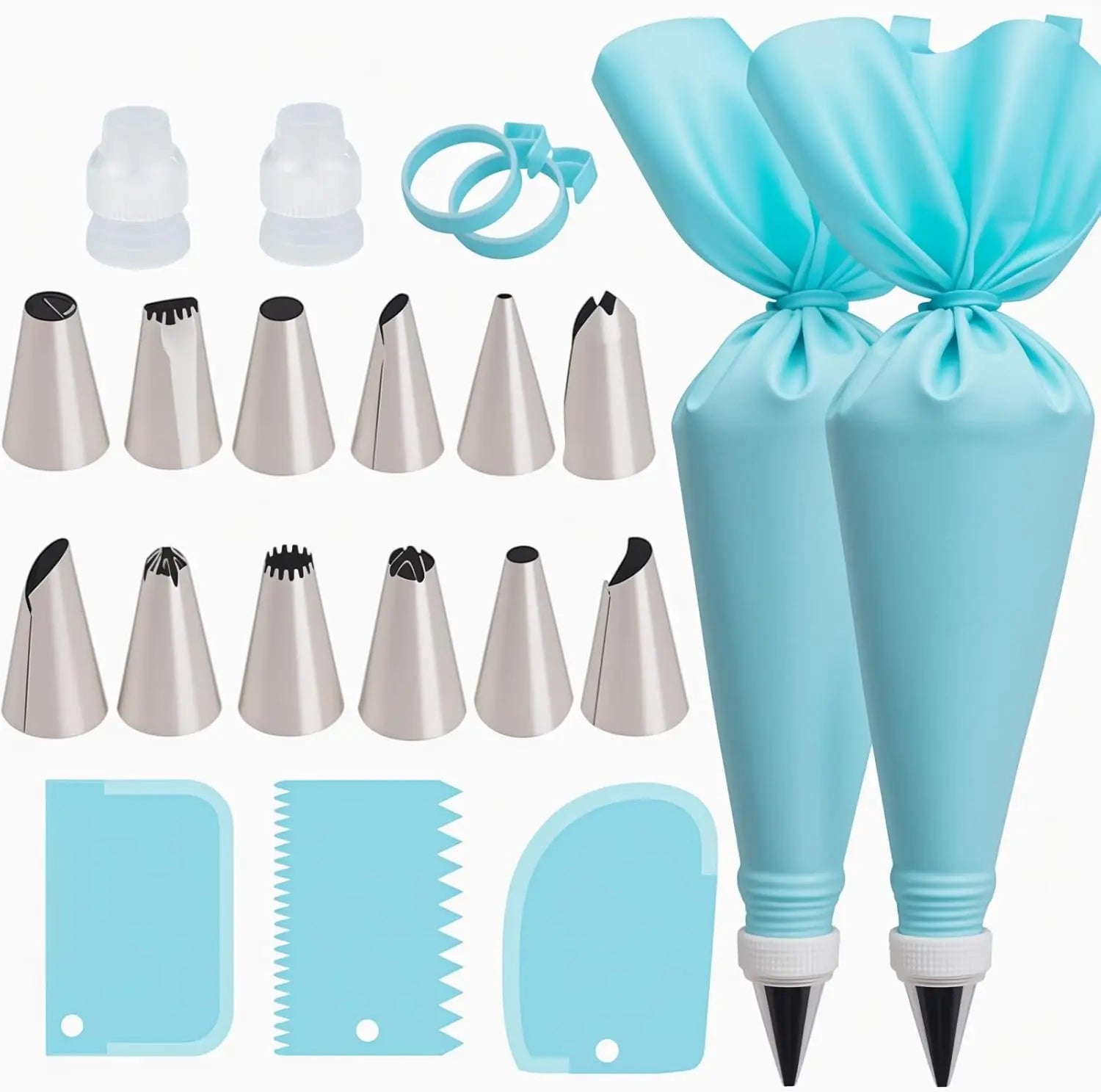 Juego de tuberías reutilizables: 2 bolsas, 12 puntas, acopladores, anillos y raspadores para decoración de pasteles, cupcakes y galletas.