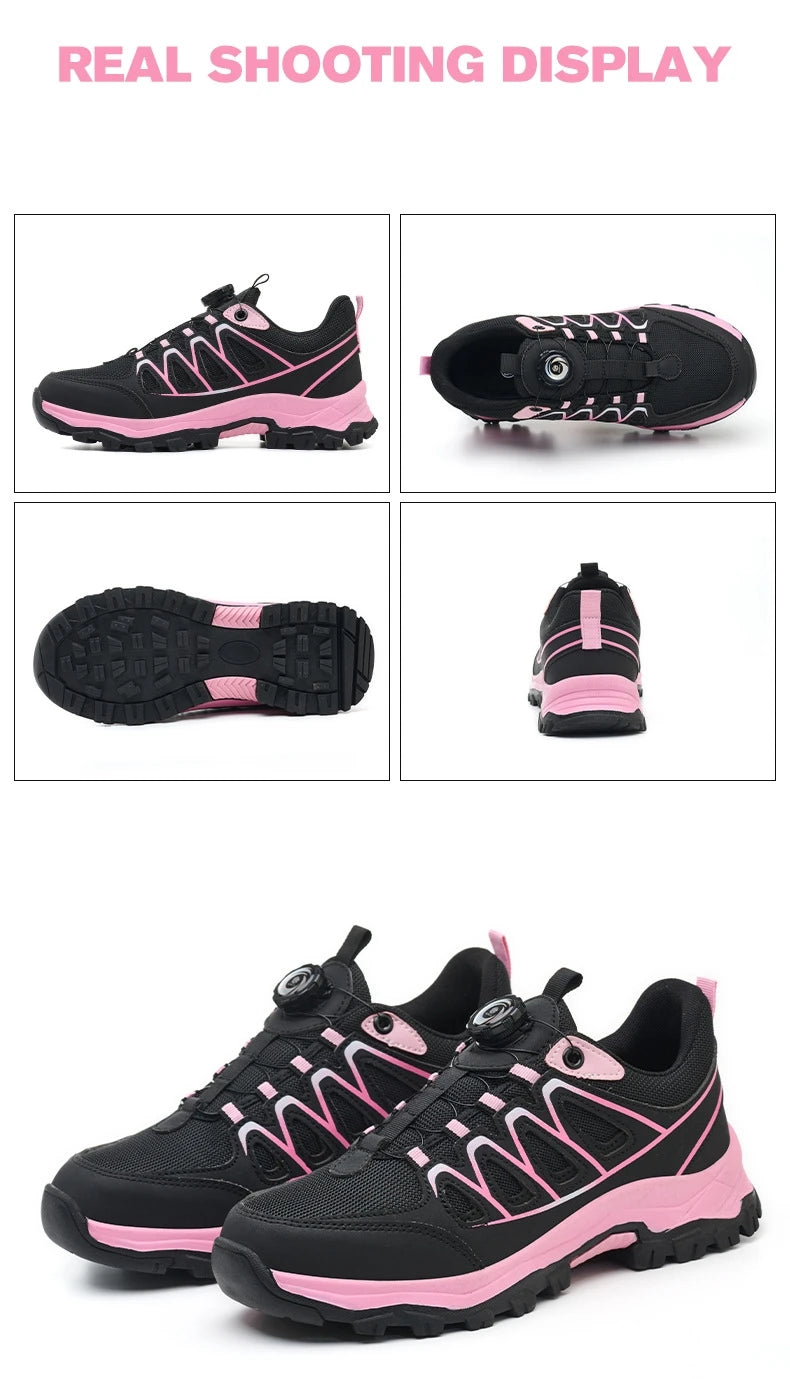 Zapatos de seguridad para el trabajo para mujer, zapatillas de trabajo con punta de acero, botón giratorio, transpirables, antideslizantes, protección a prueba de pinchazos, botas de seguridad rosas