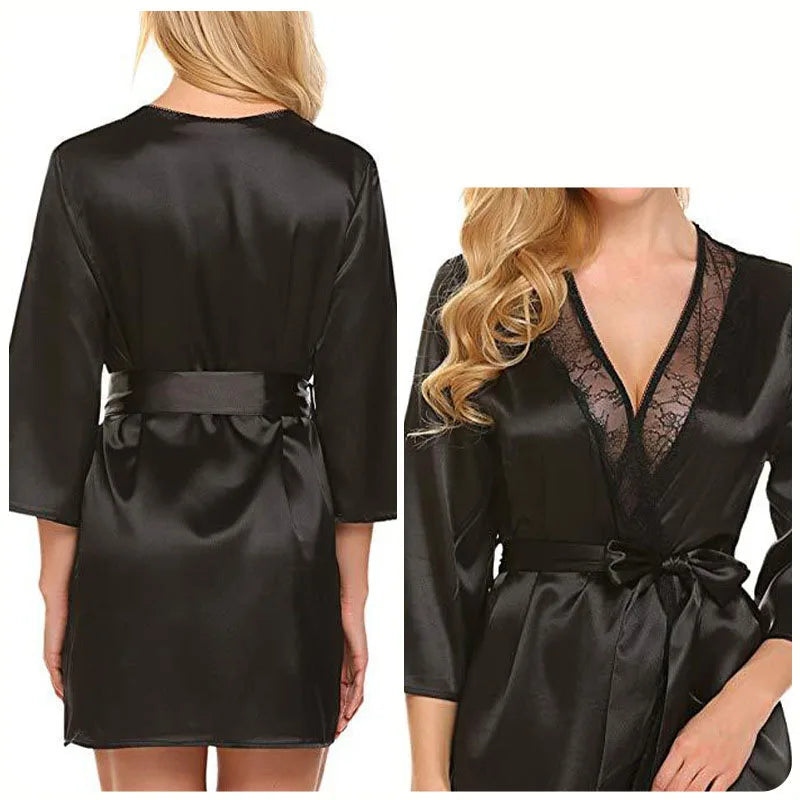 Bata de satén de encaje Sexy para mujer, ropa de dormir, camisón corto, Kimono, albornoz, lencería, camisón, vestido suave y cómodo negro de talla grande