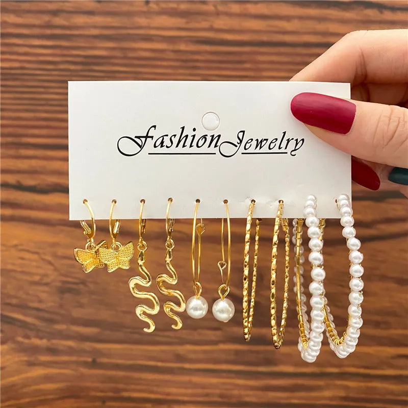 Conjunto de pendientes de aro bohemios de círculo grande para mujer, pendiente de perla Vintage bohemio de Color dorado, pendientes de circonita con forma de corazón, regalos de joyería