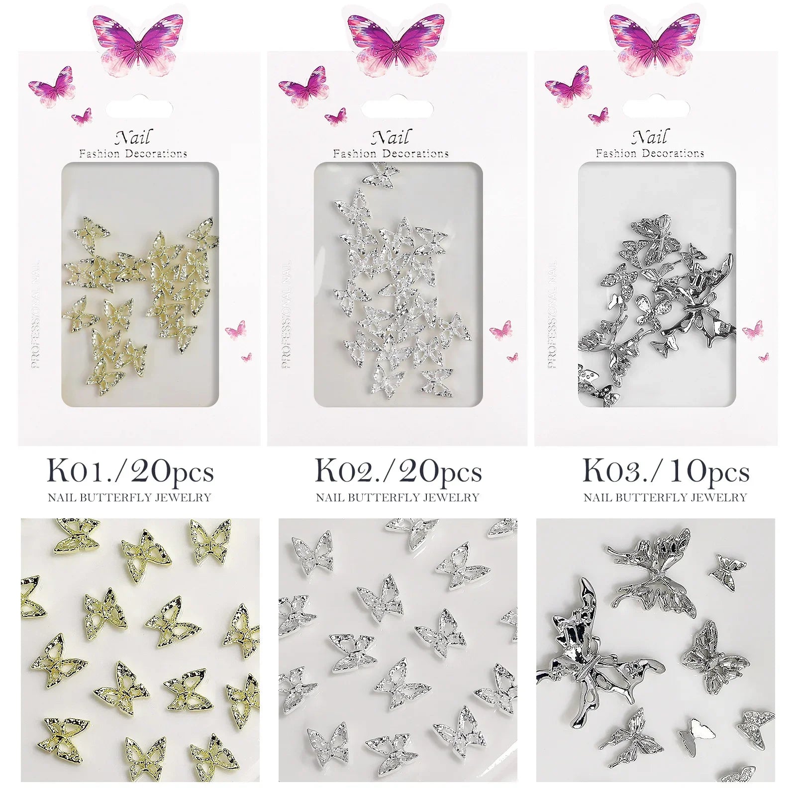 20 piezas de diamantes de imitación de mariposa de aleación para uñas, arte de uñas estereoscópico 3D, accesorios de diseño de manicura DIY de lujo