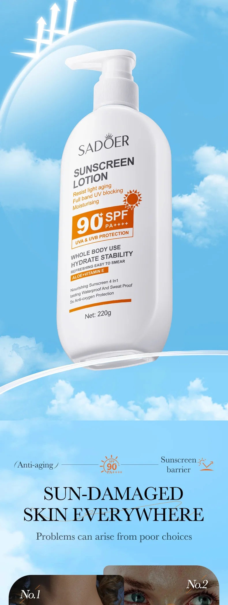 Loción solar súper 220ml con vitamina E para el cuerpo y la cara SPF 90 PA++++ Uso del cuerpo entero Protege + Hidratación