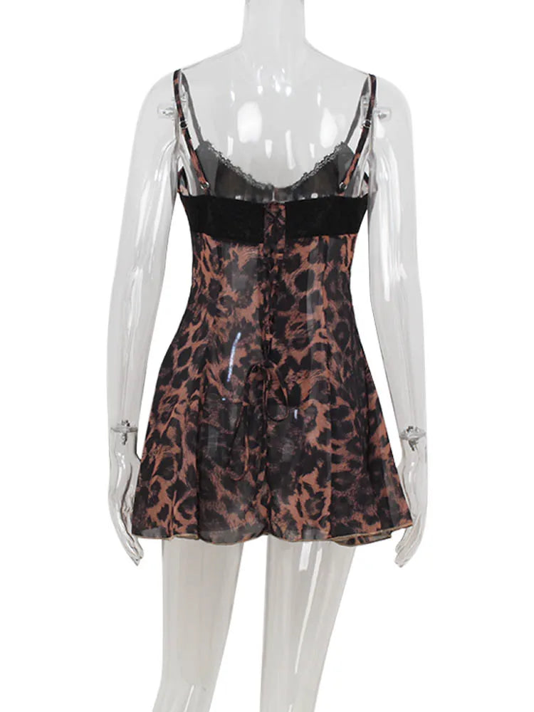 Ahagaga-Mini Vestidos sexis de leopardo para mujer, camisola sin mangas con cuello en V, lazos de encaje ajustados, ropa de calle sin espalda, Vestidos ceñidos