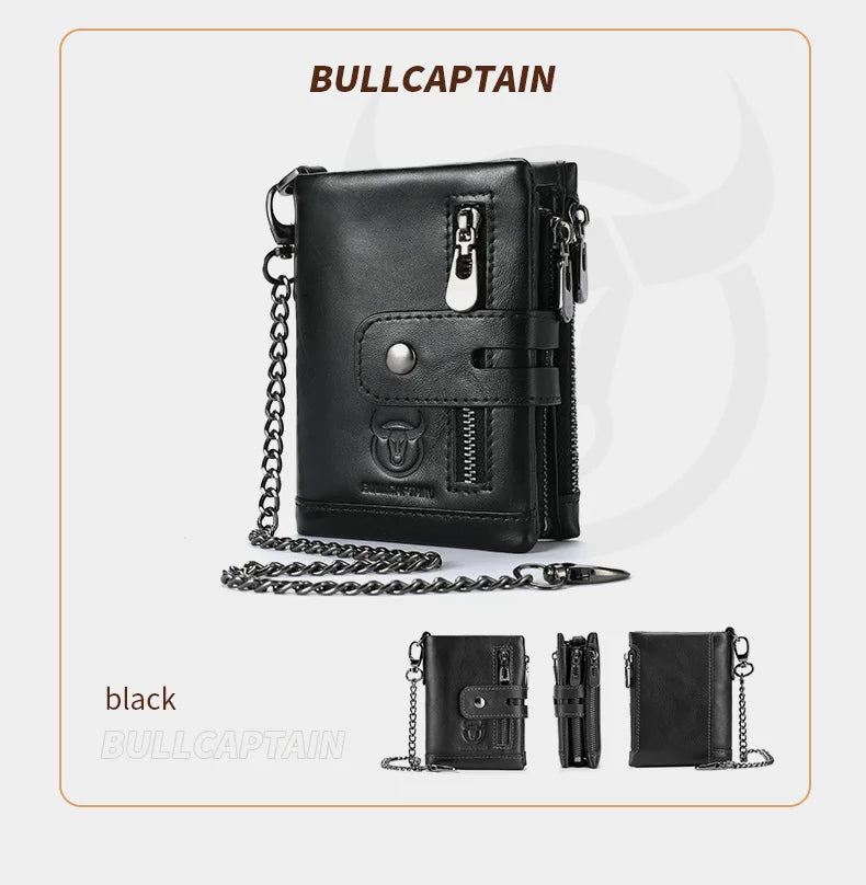 Cartera Bullcaptain de cuero genuino para hombre, monedero de viaje de calidad a la moda, protección Rfid, tarjetero Wollst para hombre con cadena
