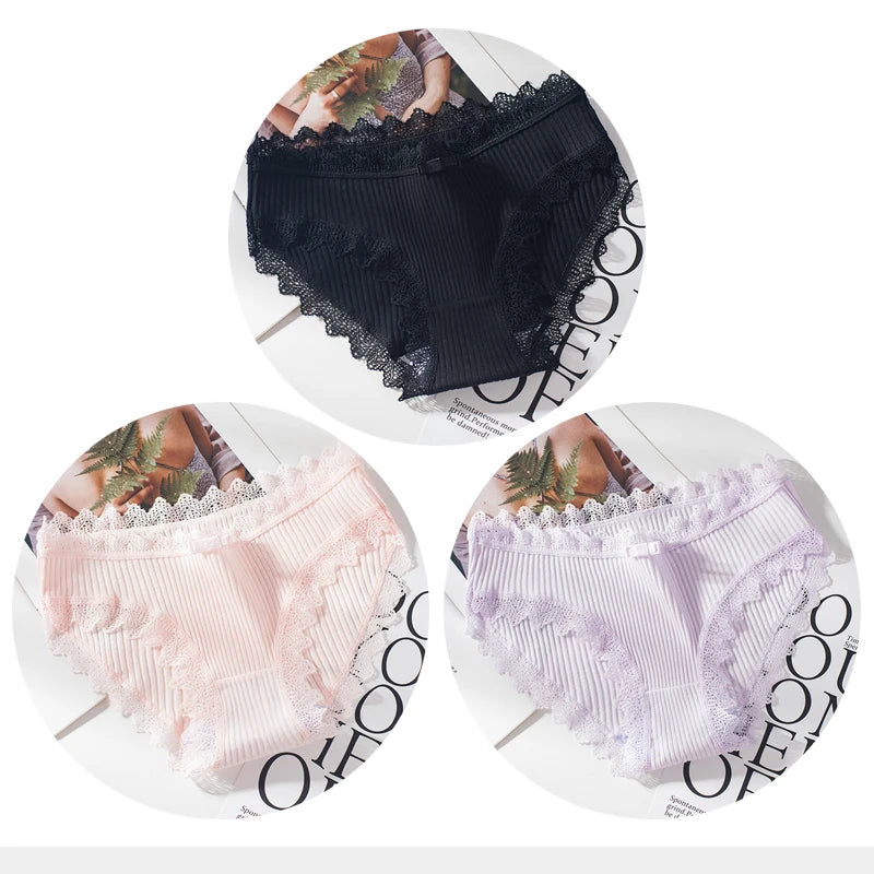 Bragas de algodón para mujer, bragas de encaje sexis, bragas de Color sólido para niñas, juego de ropa interior, ropa interior, Dropshipping 3 unids/lote
