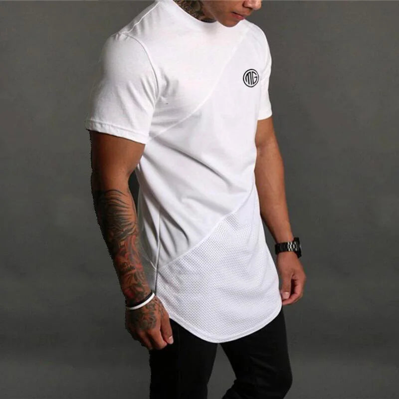 Camiseta musculosa para hombre, camisetas para gimnasio, culturismo, Fitness, Tops de algodón de retales, camiseta ajustada de malla, Camiseta deportiva de algodón de manga corta