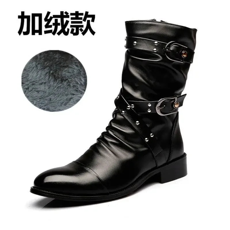 Botas de tubo medio de cuero de alta calidad para hombre, zapatos clásicos de moda para Otoño e Invierno, zapatos Punk Rock negros, informales para hombre y mujer de talla grande 38-48