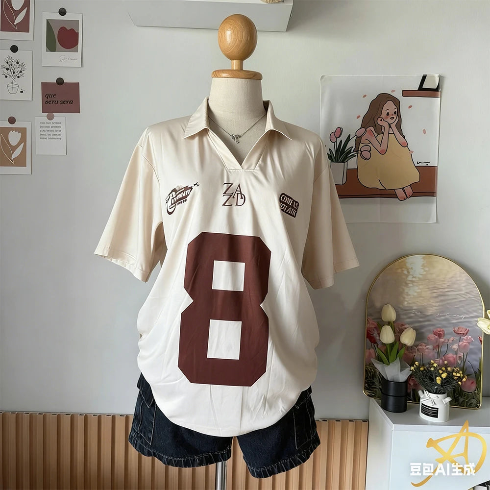 Camiseta de Verano para Mujer, Nueva, Número 8, de Manga Corta, Estilo Urbano Y2K, Deportiva, Informal, con Estampado de Letras, Tipo Polo