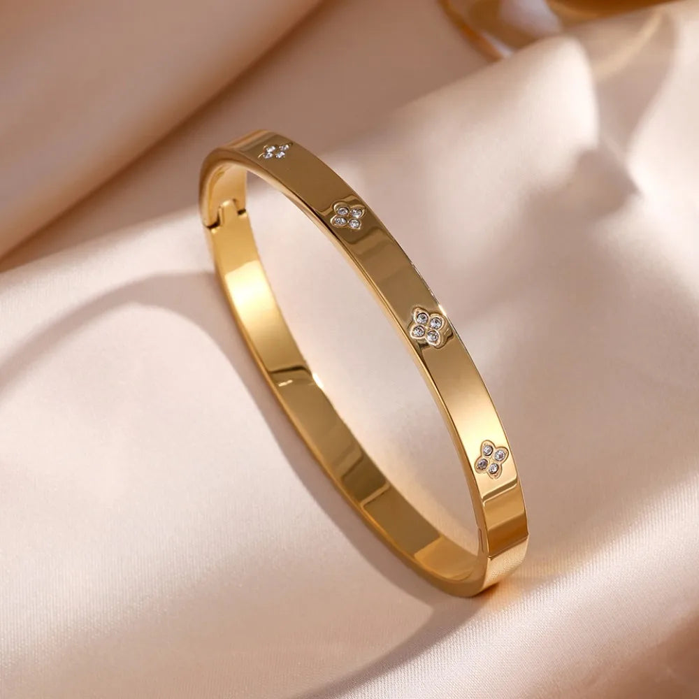 Pulsera apilable de acero de titanio para parejas, brazaletes de acero inoxidable con circonitas brillantes, color dorado, regalo de joyería para mujer